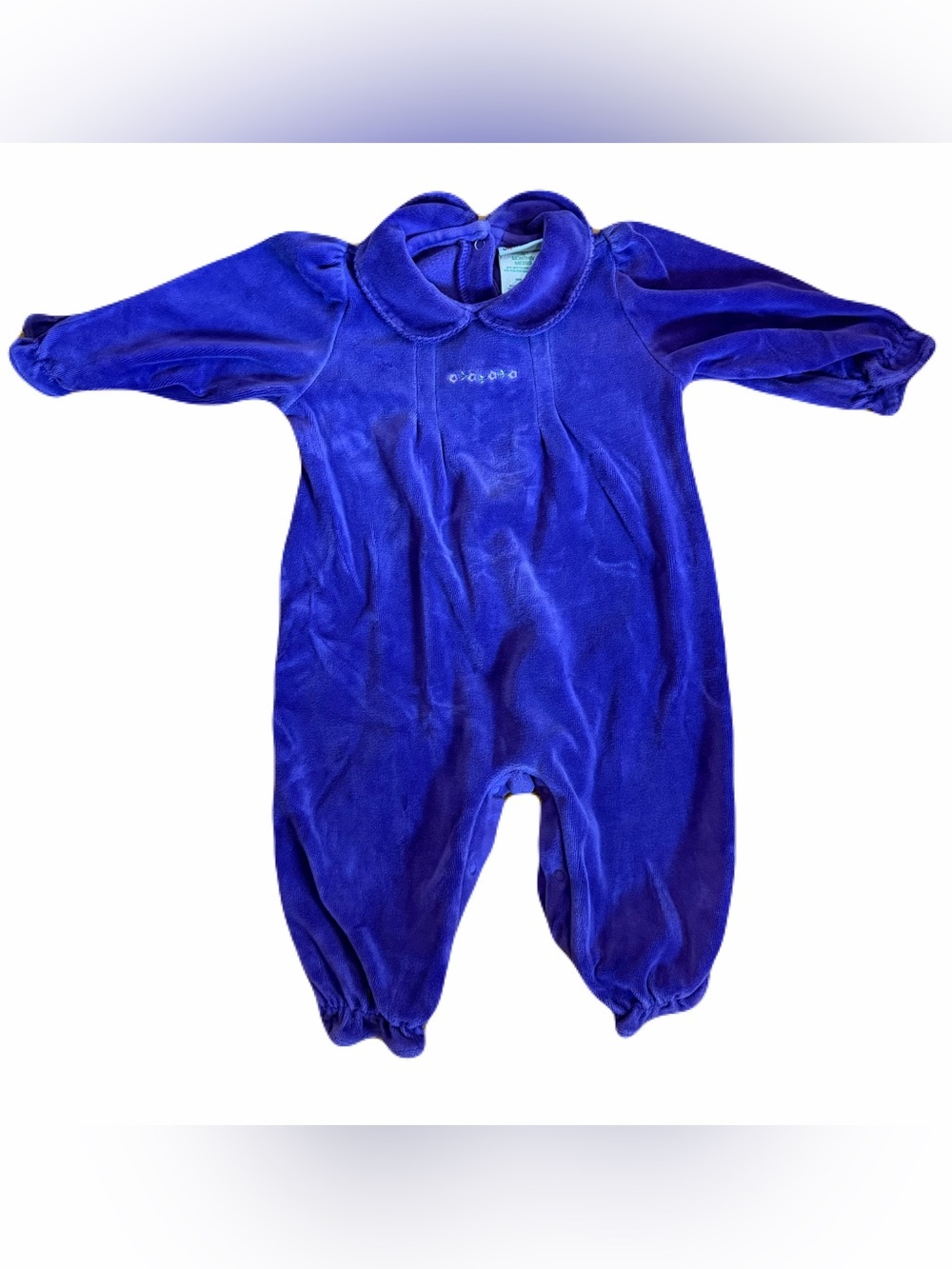 Vintage Velour Royal Blue Baby One-Piece Footless Romper Peter Pan Collar 12M